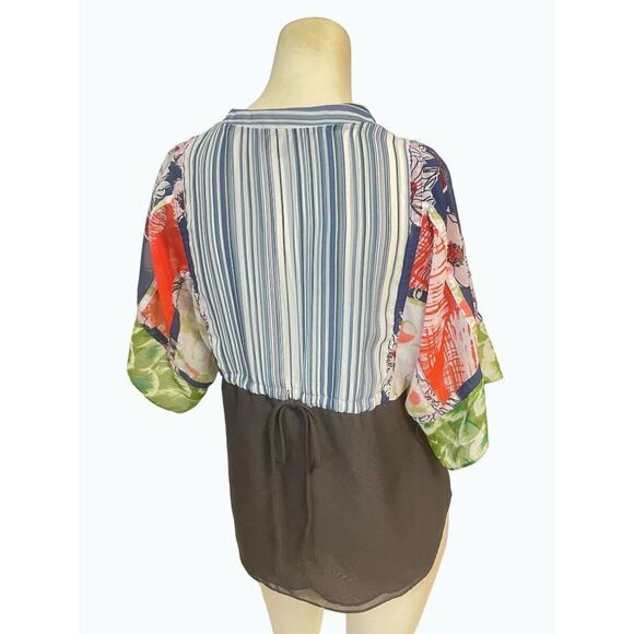 Anthropologie One September Floral Stripe Blouse Blue Multi Tie Back Top Small - Picture 3 of 5